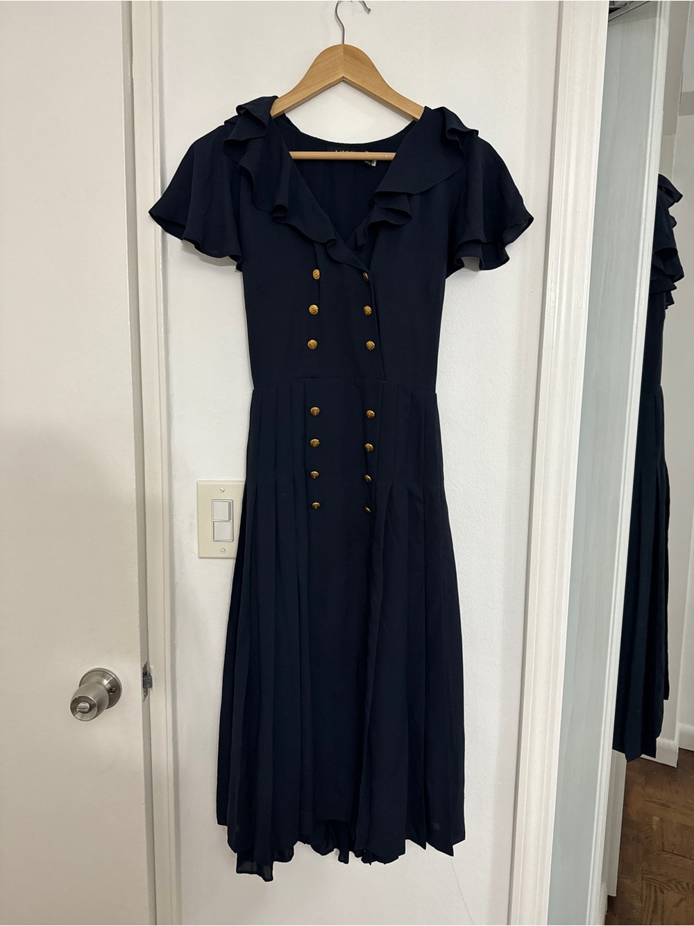 Lauren by Ralph Lauren Navy Midi Dress with Gold Buttons and Ruffle Collar